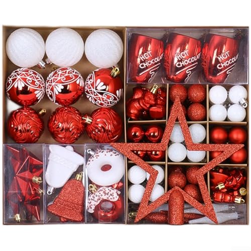100-teiliges bemaltes Weihnachtskugel-Ornament-Set aus leichtem Kunststoff mit handgefertigten Design-Details für Ferienhaus und Veranstaltungsdekoration (rot und weiß) von ReachMall
