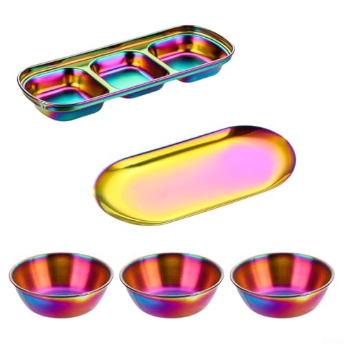 5 x Edelstahl-Saucenschale, geteilte Gewürzschale, Dip-Schüssel, Gewürztablett, Vorspeisen-Servierteller, quadratische Gewürzschale (bunt) von ReachMall