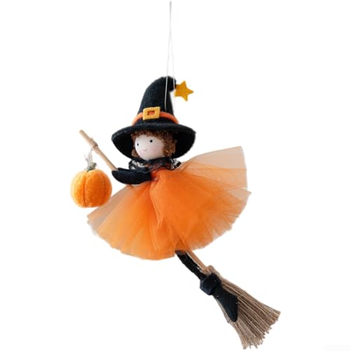 Charmantes Halloween-Hängeornament mit Besenstiel Mädchen und Engel-Elementen aus Seidentuch für saisonale Dekoration (Orange) von ReachMall