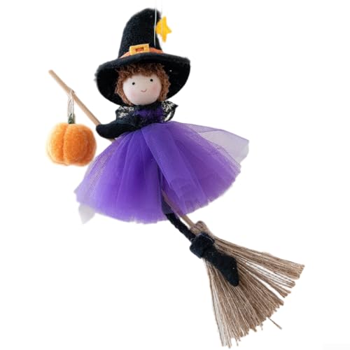 Charmantes Halloween-Hängeornament mit Besenstiel Mädchen und Engel-Elementen aus Seidentuch für saisonale Dekoration (lila) von ReachMall