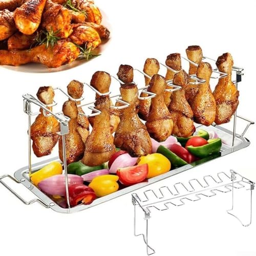 Chicken Wing Holder Folding Stand 14 Slots Stainless Steel Chicken Drumstick Rack Grill Stand Roasting for BBQ, Slow Cooking, Outdoor Grilling, Parties(2) von ReachMall
