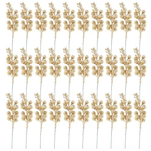 Kranz in funkelndem 30-teiliges Set mit künstlichen Beeren auf Zweigen, um Ihren Weihnachtsbaum oder DIY-Projekte zu bereichern (Gold) von ReachMall