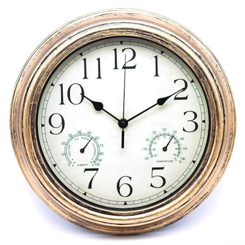 Outdoor Garten Bahnhof Uhr Mit Thermometer, Antike Bronze Doppelseitige Dekorative Großen Garten Uhr, Retro Stille Wanduhr (Bronzegold) von ReachMall
