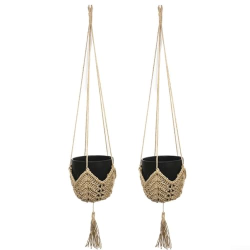 Pflanzkorb für den Innenbereich, Baumwollseil, 2 Stück, Blumentopf-Netztasche, Makramee-Pflanzenaufhänger, Boho-Hängepflanzkörbe, Heimdekoration (Hanfseil) von ReachMall