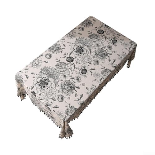 Rechteckige Tischdecke aus Baumwollleinen mit einzigartigem Pfingstrosen-Design und stilvollen Quasten für alle Anlässe (150 x 180) von ReachMall