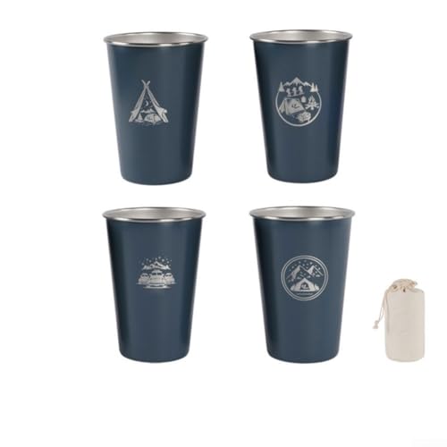 Stapelbares Trinkglas, wiederverwendbarer Metall-Bierbecher, 4-teiliges Edelstahlbecher-Set 500 ml mit Aufbewahrungstasche für Camping, Wandern, Outdoor (500 ml dunkelblau) von ReachMall