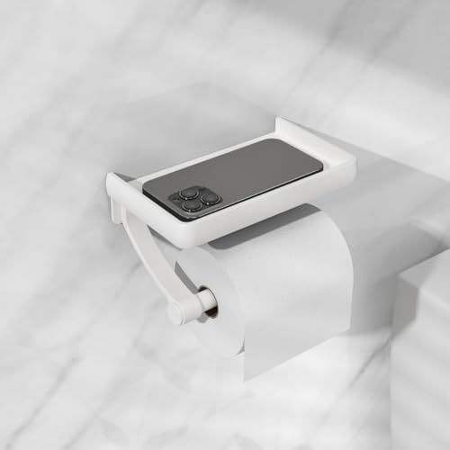 Toilettenpapierhalter, rostfreier Edelstahl-Papierhalter, mattschwarzer Toilettenpapierhalter mit Ablage für Badezimmer, Küche (weiß) von ReachMall