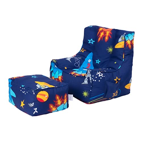 Ready Steady Bed Kinder Sitzsack mit Fußhocker |weicher und sicherer Sitz zum Spielen für Ihr Kind | Ergonomisch gestalteter Kleinkind Sessel | Comfy Kindermöbel (Weltraum Junge) von Ready Steady Bed