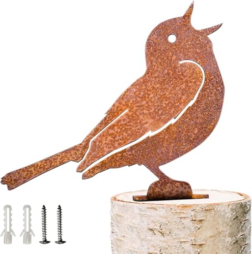 Sing Warbler – naturgetreuer Vogel aus Metall mit Patina, rostiges Gartendekor, Silhouette rustikale Statue zur Verschönerung von Terrassen und Gärten von Reagia