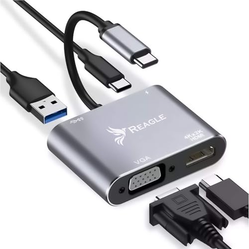 Reagle 4-IN-1 USB-C Hub Adapter Multiport mit 4K HDMI, 1080p VGA @60Hz, USB-A 3.2 Gen 1, 87W Power Delivery – Kompatibel mit MacBook, Smartphones, Aluminiumgehäuse Reagle 4-IN-1 USB-C Hub Adapter Multiport mit 4K HDMI, 1080p VGA @60Hz, USB-A 3.2 Gen 1, 87W Power Delivery – Kompatibel mit MacBook, Smartphones, Aluminiumgehäuse von Reagle