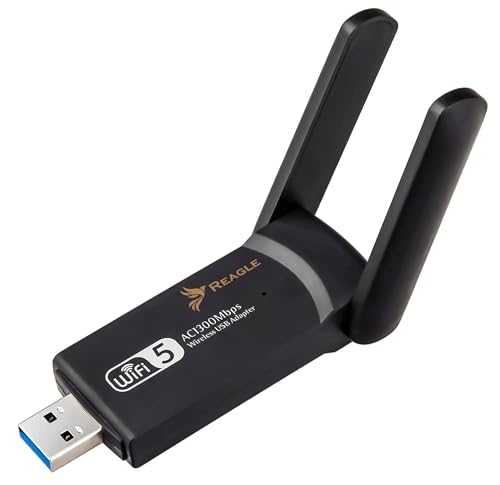 Reagle USB-A WLAN Adapter - 1300 Mbps, Dualband 2.4GHz/5GHz WiFi Dongle, 802.11ac, High Gain 2X 5dBi Antennen, PC & Laptop Netzwerk Adapter, Kompatibel mit Windows/Mac/Linux Reagle USB-A WLAN Adapter - 1300 Mbps, Dualband 2.4GHz/5GHz WiFi Dongle, 802.11ac, High Gain 2X 5dBi Antennen, PC & Laptop Netzwerk Adapter, Kompatibel mit Windows/Mac/Linux von Reagle
