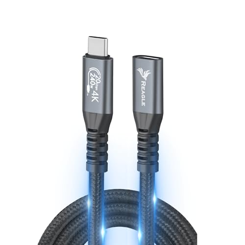 Reagle USB C Kabel 5m – 240W PD 3.1 Schnellladen, 20Gbps Datenübertragung, 4K@144Hz Video – USB-C 3.2 Gen2x2 Extender – Thunderbolt 3 & QC 4.0 Kompatibel, Nylon, Schwarz von Reagle