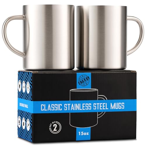Doppelwandige EdelstahlTassen: 100 % BPAfrei, 425 ml MetallKaffee und Teetasse – isolierte Becher mit Griffen halten Getränke länger warm oder kalt – langlebig für Camping – Set mit 2 von Real Deal Steel