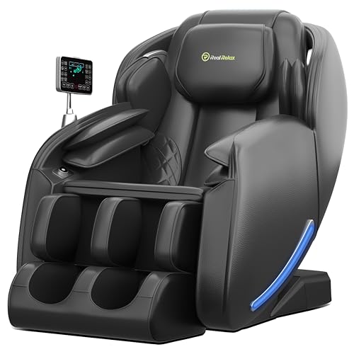 Real Relax massagesessel ganzkörpermassage mit wärmefunktion, Zero Gravity 3D-Robotische Hände SL Track Shiatsu-massagestuhl Liegefunktion und Rückenheizung, Body Scan, Bluetooth, Fußrolle, Schwarz von Real Relax