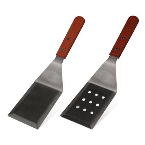 Realand Metallspatel zum Kochen von Gusseisen, 2 Stück Grillspachtel, robustes Edelstahl-Spatel-Set, flacher Grillspatel, Fisch-Burgerspatel, Pfannenwender für die Küche, starker brauner Griff von Realand