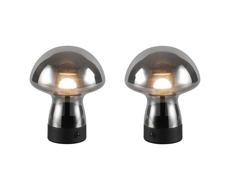 Reality Leuchten LED Tischleuchte, Dimmfunktion, LED fest integriert, Warmweiß, 2er SET kleine kabellose Akku Pilzlampe aufladbar aus Rauchglas H:18cm von Reality Leuchten