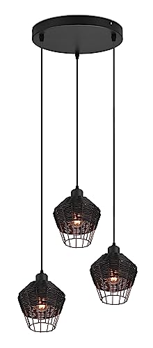 Reality Leuchten Pendelleuchte Borka R31263302, Metall Schwarz matt, Rattangeflecht Schwarz, exkl. 3x E27 von RL LIVE YOUR LIGHT