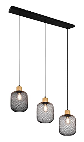 Reality Leuchten Pendelleuchte Calimero R30563032, Metall Schwarz matt, Holz, exklusiv 3x E27 von RL LIVE YOUR LIGHT