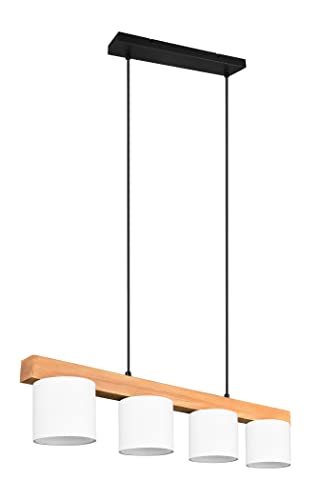 Reality Leuchten Pendelleuchte Cameron R30654001, Metall Schwarz matt, Stoffschirm weiß, Holz, exklusiv 4x E14 von RL LIVE YOUR LIGHT