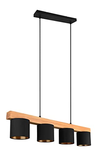 Reality Leuchten Pendelleuchte Cameron R30654002, Metall Schwarz matt, Stoffschirm schwarz,goldfarbig, Holz, exklusiv 4x E14 von RL LIVE YOUR LIGHT