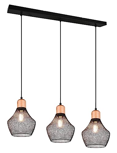 Reality Leuchten Pendelleuchte Valeria R31283032, Metall Schwarz matt, Holz, exkl. 3x E27 von RL LIVE YOUR LIGHT