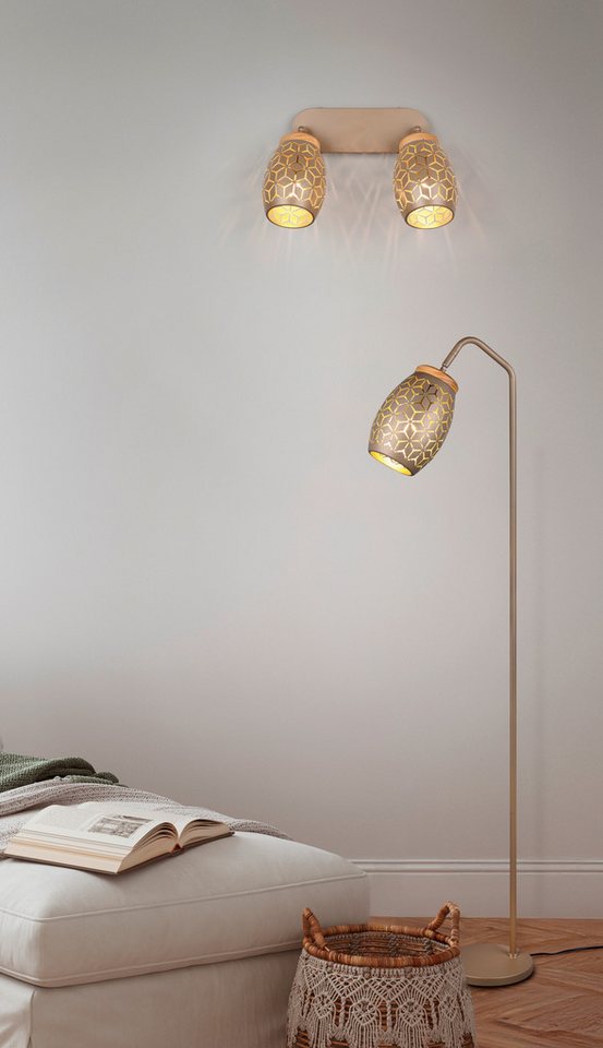 Reality Leuchten Stehlampe BIDAR, Stehleuchte Höhe 147 cm mit Fußschalter, exkl 1x E27 max 10W, Leuchtmittel wechselbar, warmweiß - kaltweiß, Metall-Lampenschirm mit Lasercut Muster und Holz-Dekoelement von Reality Leuchten