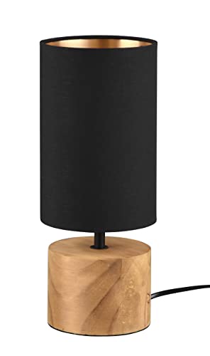 Reality Leuchten Tischleuchte Woody R50171980, Metall Schwarz matt, Fuß Holz, Stoffschirm schwarz/goldfarbig, exkl. 1x E27 von RL LIVE YOUR LIGHT