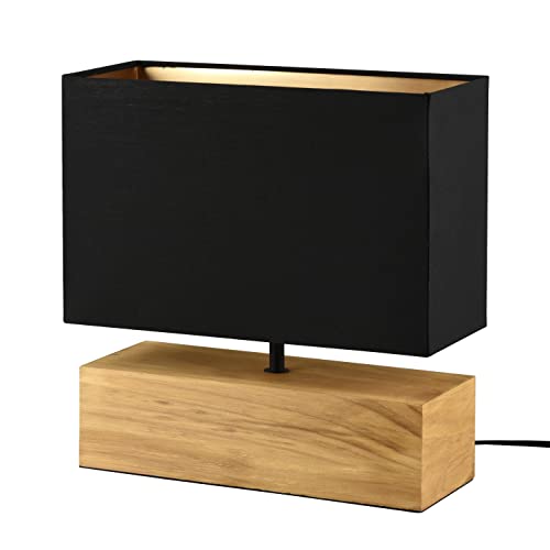 Reality Leuchten Tischleuchte Woody R50181080, Metall Schwarz matt, Fuß Holz, Stoffschirm schwarz/goldfarbig, exkl. 1x E27 von RL LIVE YOUR LIGHT