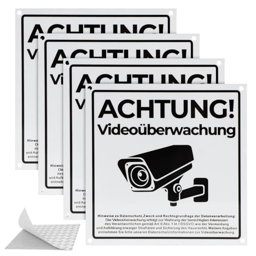 Realjoy 4 Stück Achtung Videoüberwachung Schild, 15 x 15 cm Videoüberwachung Privatgrundstück mit DSGVO Hinweis, Klein Aluminium Vorsicht Kamera überwachung Schild Selbstklebend,Warnschild von Realjoy