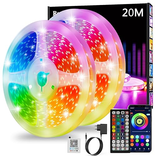 LED Strip 20 m, RGB LED Strip, Bluetooth Smart LED Band, Self-Adhesive, LED Strip with Remote Control and App, Dimmable, Music Sync, Timer Setting for Gaming Room, Room, Kitchen, Party (2 x 10 m) von Realky