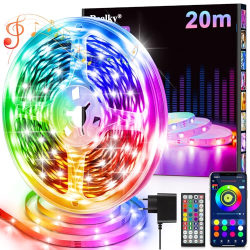 LED Strip Streifen 20m mit Fernbedienung & App & Musik Sync, RGB Lichterkette Dimmbar Farbwechsel, Leiste Band Stripes Bluetooth Selbstklebend für Zimmer Deko/Küche/Decke/Gaming/Party von Realky