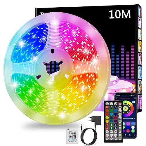 Led Strip 10m, RGB Led Streifen, Bluetooth Smart Led Band Selbstklebend, Led Leiste mit Fernbedienung und APP, Led Lights Dimmbar, Musik Sync, Timer-Einstellung für Gaming Zimmer, Room, Küche, Party von Realky