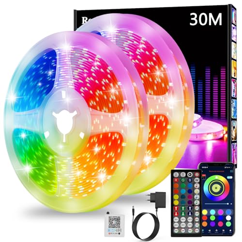 Led Strip 30m, RGB Led Streifen, Bluetooth Smart Led Band Selbstklebend, Led Leiste mit Fernbedienung und APP, Dimmbar, Musik Sync, Timer-Einstellung für Gaming Zimmer, Room, Küche, Party (2x15m) von Realky