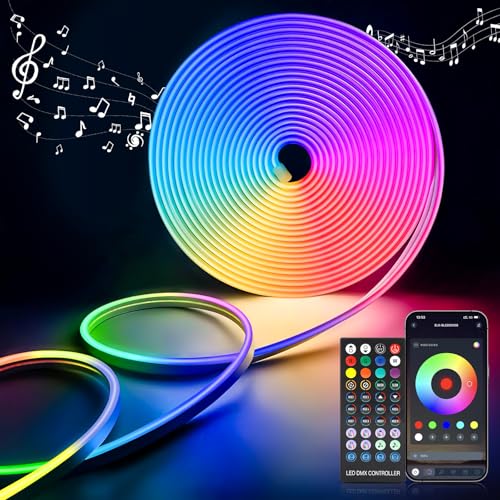 Neon Led Strip 5M RGBIC, LED Streifen Regenbogeneffekt mit APP Fernbedienung, IP65 Outdoor Wasserdichte Flexible LeD Leiste 24V Band Lichtschlauch Musik Sync DIY für Zimmer Raum Wand Gaming Deko von Realky