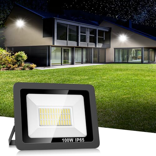 Realky 100W LED Strahler Außen, 10000LM LED Fluter 144LEDs Außenstrahler IP65 Wasserfest Scheiwerfer 6500K Aussenstrahler für Garten, Hinterhof, Auffahrt, Türen, Garage, Flur von Realky