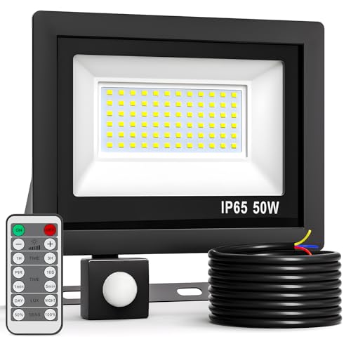 Realky 50W Fernbedienung LED Strahler mit Bewegungsmelder, 5000LM Außenstrahler Helligkeit Einstellbar & Timing Funktion 6500K Superhell LED Aussenstrahler mit Bewegungsmelder für Garten Garage Hof von Realky