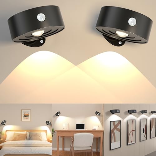 Realky LED Wandleuchte Innen mit Bewegungsmelder USB-C Aufladbare Wandlampe Akku Touch Control dimmbar 3 Farbmodi 360° drehbare Wandleuchte für Wohnzimmer Schlafzimmer Treppenhaus 2 Stücke Schwarz von Realky