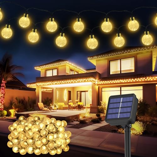 Solar Lichterkette Aussen Wetterfest, 100 LED 18M 59Ft 8 Modi IP65 Solarlichterkette aussen Wetterfest Solar Lampions Kristallkugeln für Balkon Deko Terassen Garten Weihnachten Partys Zuhause warmweiß von Realky