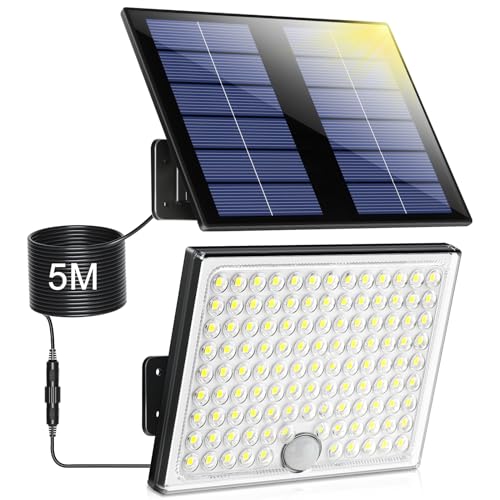 Solarlampen für Außen,Solarleuchte mit Bewegungsmelder,113 LED Solar Strahler IP65 Wasserdichte Solar-Split Wandleuchte mit 5m Kabel für Garage, Garten, Hof, Stufen, Haustüren, Rasen von Realky