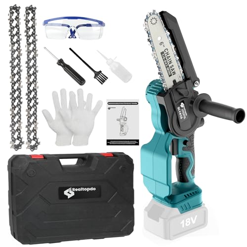 Realtopdo Mini Kettensäge Kompatibel mit Makita 18V Akku (Ohne Akku), 6-Zoll Bürstenlose Akku Astsäge Handkettensäge mit Automatischer Öler und abnehmbarem Seitengriff für Gartenscheren Holzschneidenz von Realtopdo