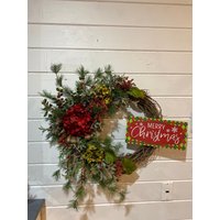 Hortensien Adventskranz Für Haustür, Mit Beeren, Mistelkranz, Weinkranz Rot Und Grün von ReayanartsGardenGift