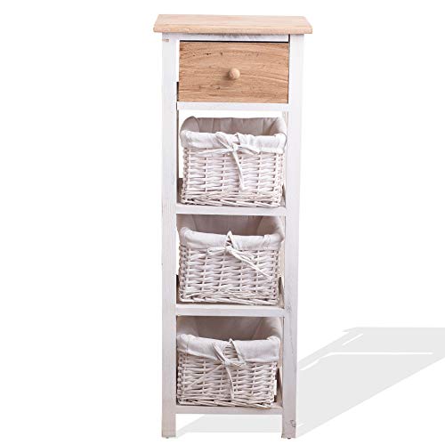 Rebecca Mobili Badschrank, Schubladenkommode im Country-Stil, 1 Schublade 3 Weidenkörbe, Paulownienholz, Weiß Braun, Schlafzimmer Badezimmer – Maße: 85 x 31 x 27 cm (HxLxB) – Art. RE4359 von Rebecca Mobili