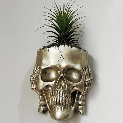Rebecca online Totenkopf-Wand-Pflanzgefäße für Zimmerpflanzen, hängender Totenkopf-Pflanzgefäß, Gothic-Pflanzgefäß, goldfarbenes Harz für Halloween-Dekoration (Gold, nicht hören) von Rebecca online