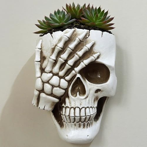 Rebecca online Totenkopf-Wand-Pflanzgefäße für Zimmerpflanzen, hängender Totenkopf-Pflanzgefäß, Gothic-Pflanzgefäß, weißes Harz für Halloween-Dekoration (weiß-nicht aussehen) von Rebecca online