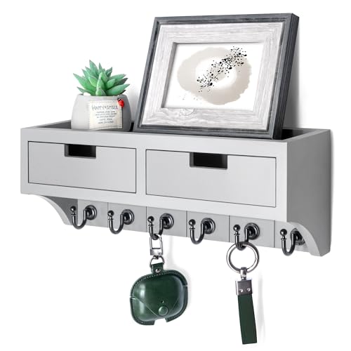 Rebee Vision Schlüsselhalter Wandhalterung mit 2 Schubladen: Post-Organizer für die Wand mit 6 Schlüsselhaken und Regal – stilvolle Wohnungs-Essentials für ästhetische Raumdekoration (Hellgrau) von Rebee Vision