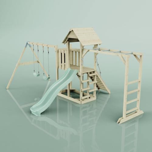 Rebo Klettergerüst aus Holz mit Wellenrutsche | Outdoor Spielturm mit Doppel-Kinderschaukel, Hangelstangen, Plattform und Kletterseil Rebo Klettergerüst aus Holz mit Wellenrutsche | Outdoor Spielturm mit Doppel-Kinderschaukel, Hangelstangen, Plattform und Kletterseil von Rebo