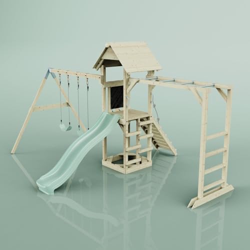Rebo Klettergerüst aus Holz mit Wellenrutsche | Outdoor Spielturm mit Doppel-Kinderschaukel, Hangelstangen, Plattform und Kletterseil Rebo Klettergerüst aus Holz mit Wellenrutsche | Outdoor Spielturm mit Doppel-Kinderschaukel, Hangelstangen, Plattform und Kletterseil von Rebo