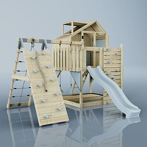 Rebo Outdoor Spielturm mit Wellenrutsche | Spielhaus aus Holz mit Kinderschaukel, Kletterwand, Kletternetz | Stabile Konstruktion, Weiches Gefühl in den Seilen von Rebo