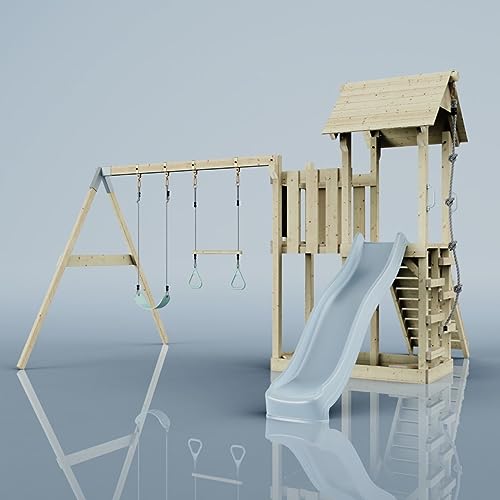 Rebo Spielturm mit Wellenrutsche, Kinder-Schaukel und Trapezstange | Outdoor Klettergerüst Garten mit Plattform | Kletterseil und Kletterleiter | Stabile Konstruktion von Rebo