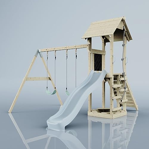 Rebo Spielturm mit Wellenrutsche und Kinder-Schaukel (2X) | Outdoor Klettergerüst Garten | Kletterseil und Kletterleiter | Stabile Konstruktion, Weiches Gefühl in den Seilen von Rebo